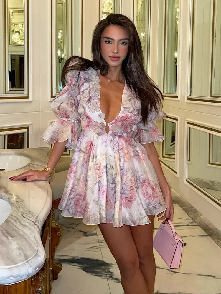 Sexy Printed Lotus Leaf Hem Short Dress Women Waist Cinched Deep V Bubble Sleeve Puffy Mini Dresses 2025 New Party Street Robe