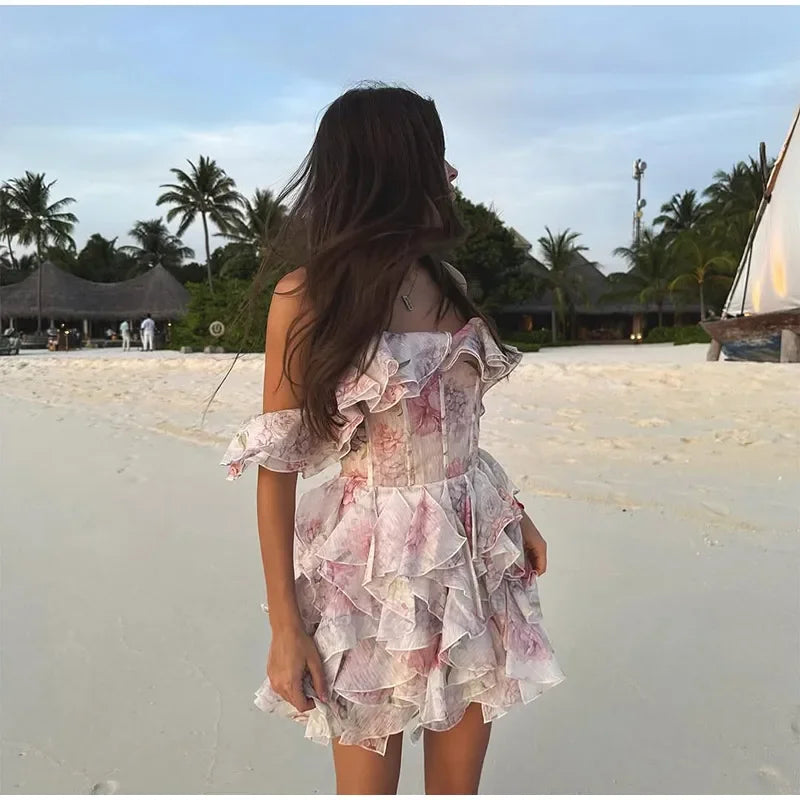 Sexy Printed Lotus Leaf Hem Short Dress Women Waist Cinched Deep V Bubble Sleeve Puffy Mini Dresses 2025 New Party Street Robe
