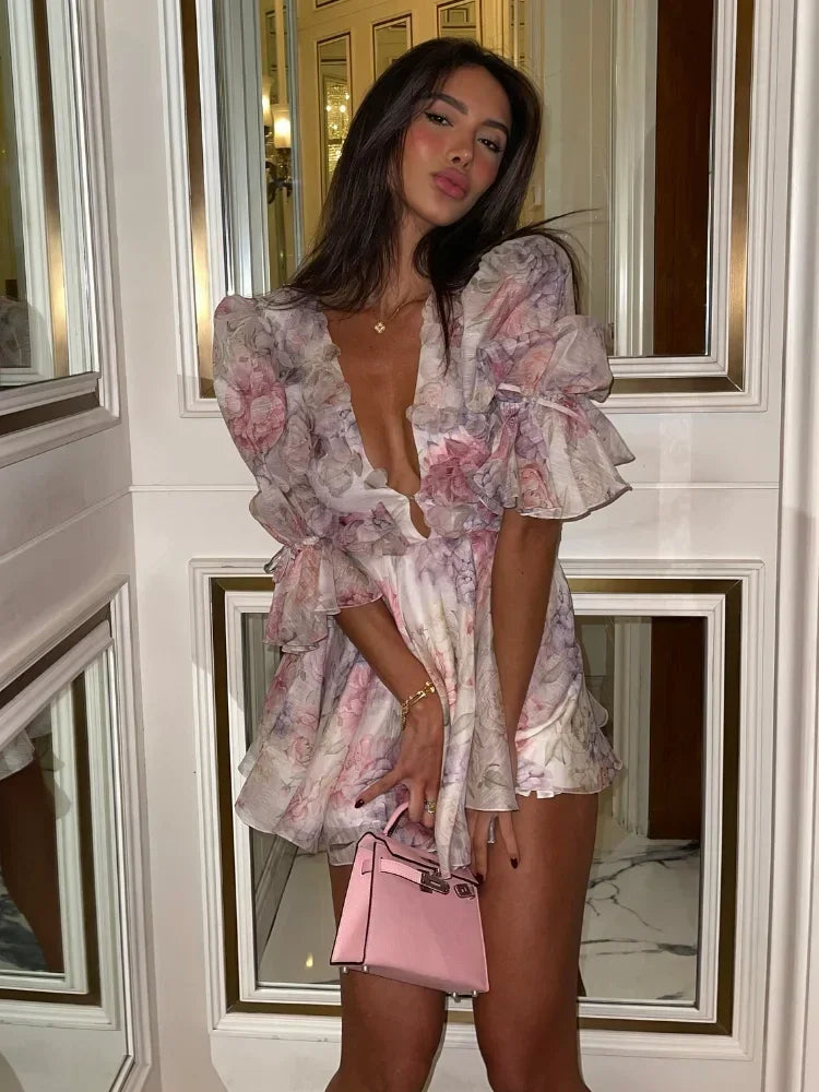 Sexy Printed Lotus Leaf Hem Short Dress Women Waist Cinched Deep V Bubble Sleeve Puffy Mini Dresses 2025 New Party Street Robe
